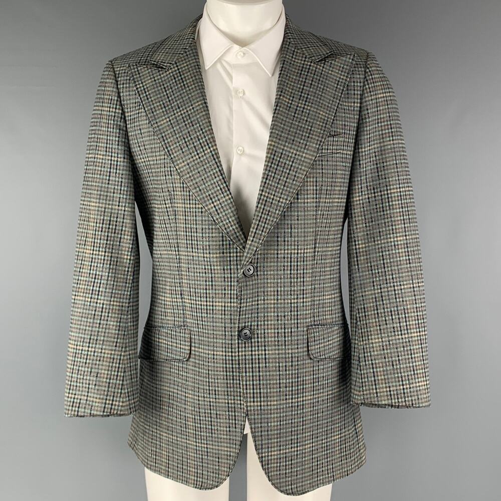 HUGO BOSS Chest Size 38 Grey Navy Plaid Cotton Elastane Peak Lapel Sport Coat